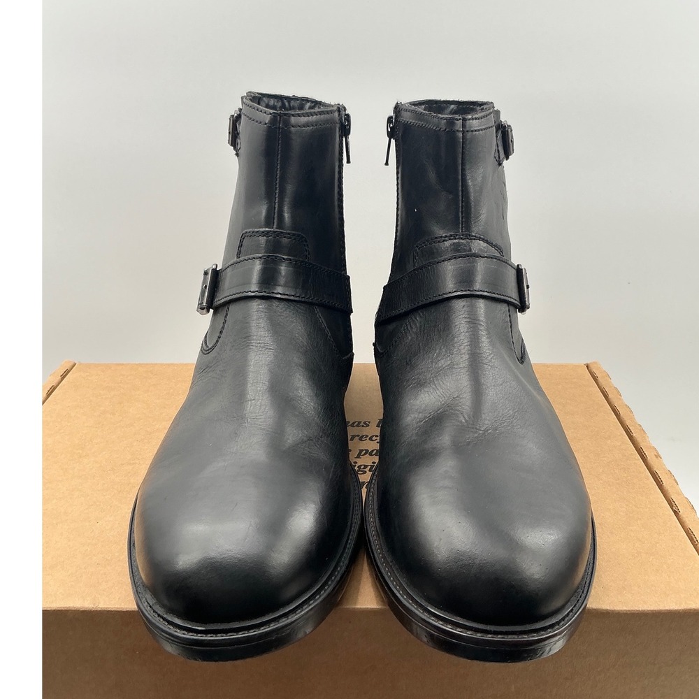 Steve Madden Mens Black Leather Harness Ankle Boots Buckle Zip Biker Style
